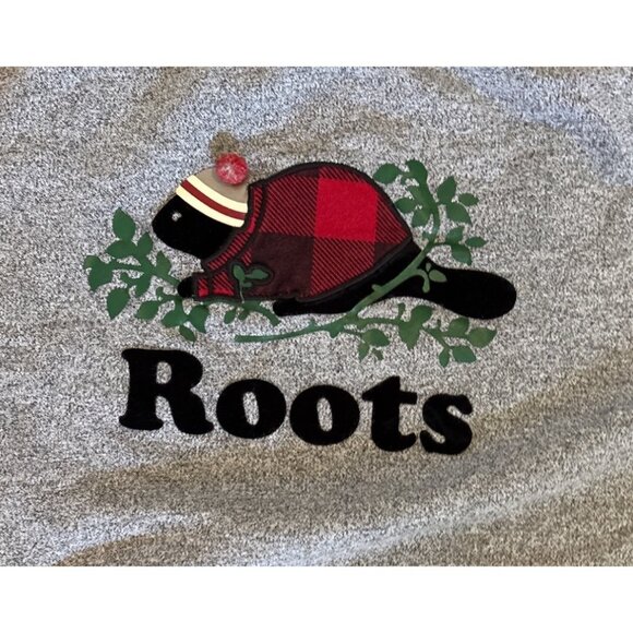 Roots Canada Sweatshirt Gray Beaver Logo With Toque Hat Pom Pom L/G Crewneck - Picture 2 of 7